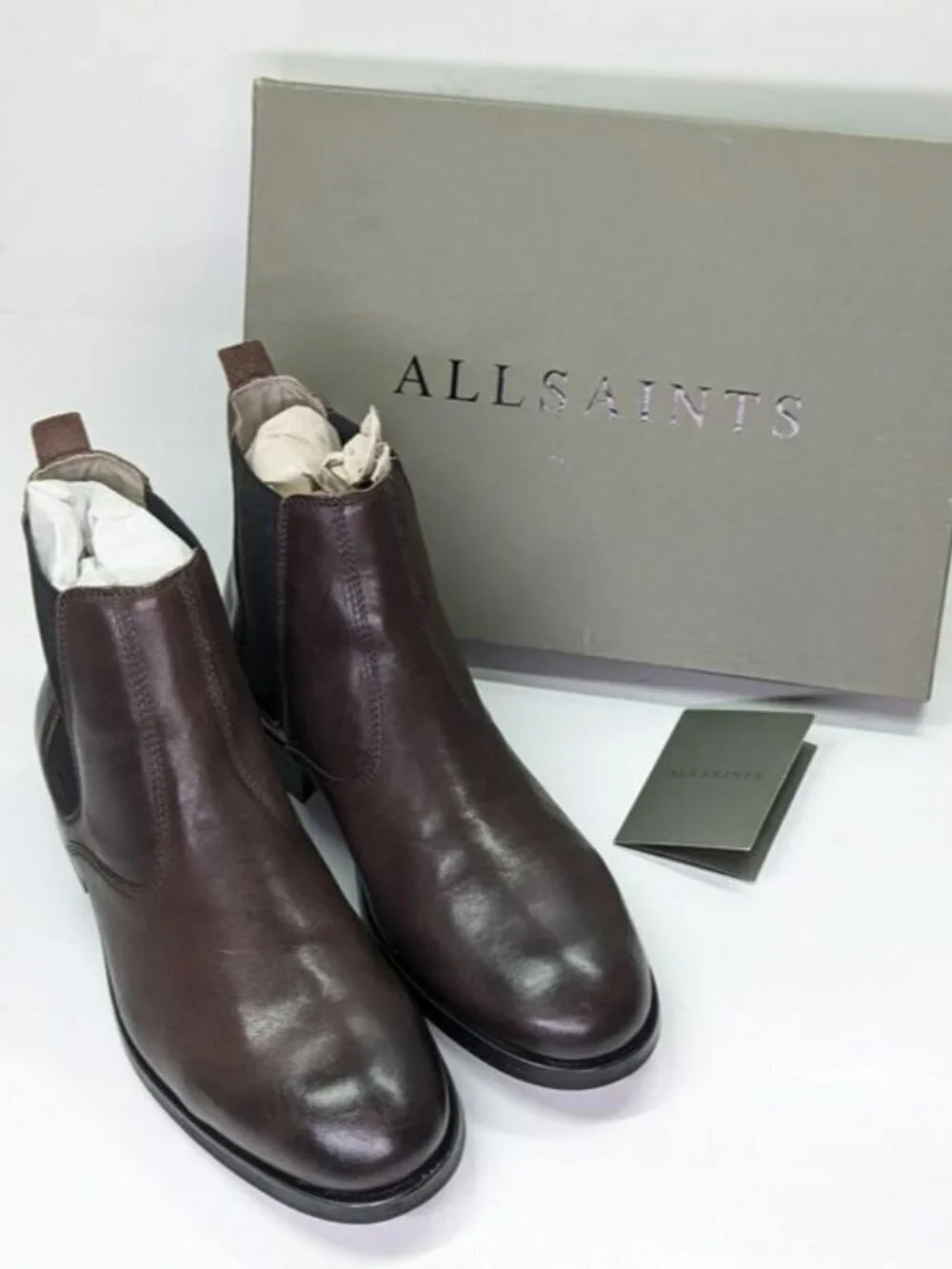 AllSaints Men's Gus Pull On Chelsea Boots Brown Distressed Leather Size 45
